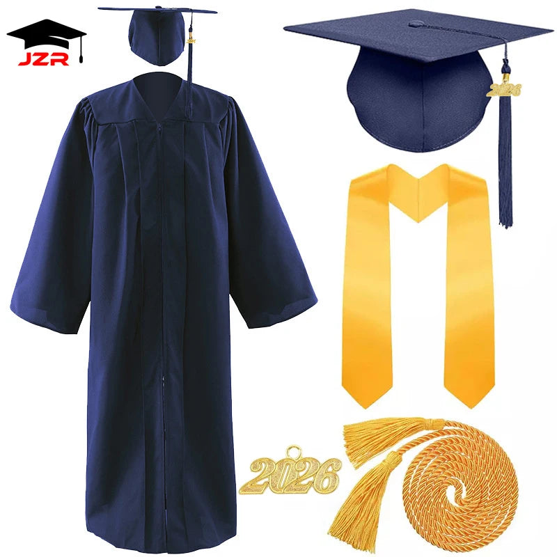 2026 Factory Custom Wholesale Bachelor Graduation Gowns Adult US Style Graduation Gown and Cap with Golden Stole & Honor Cord