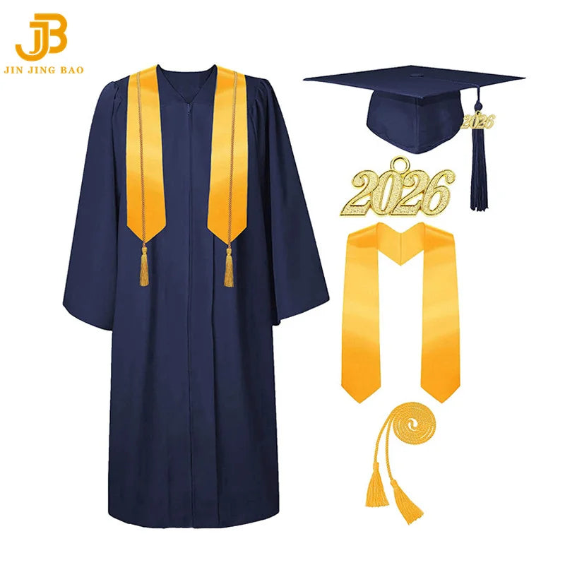 Wholesale Matte Black Graduation Robe 2026 Tassel Stole Honor Cord High School Bachelor Black Gown University Dress