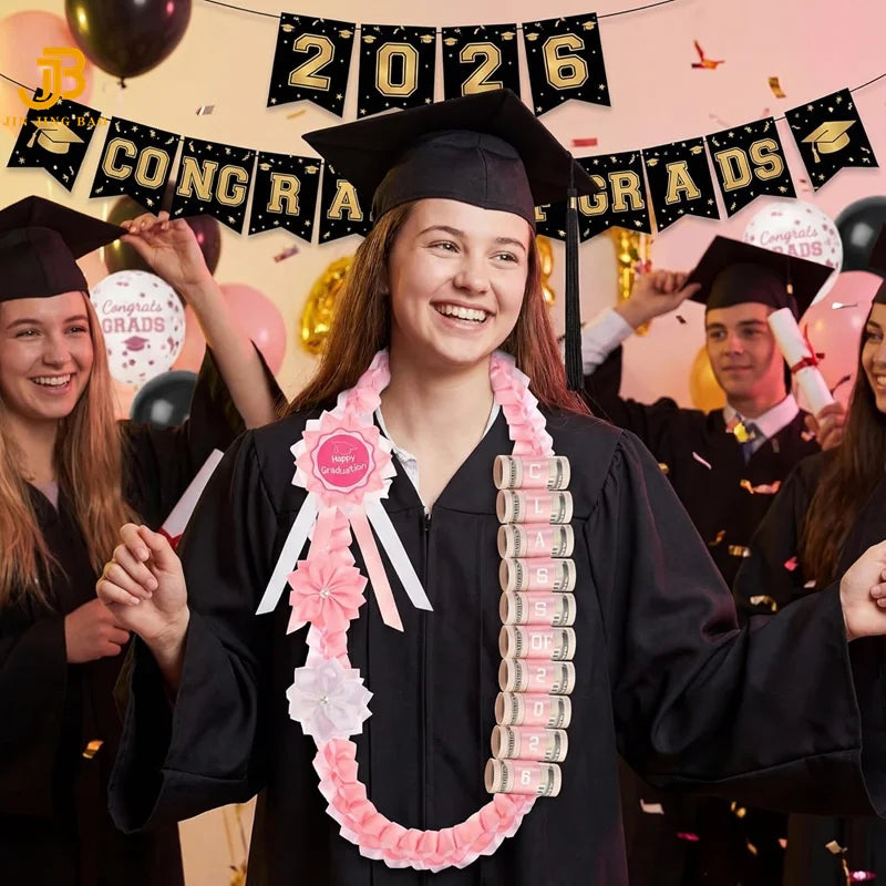 2026 Customized Handmade Biodegradable College Party Gifts Graduation Ribbon Wreath Leis with Flowers 120cm