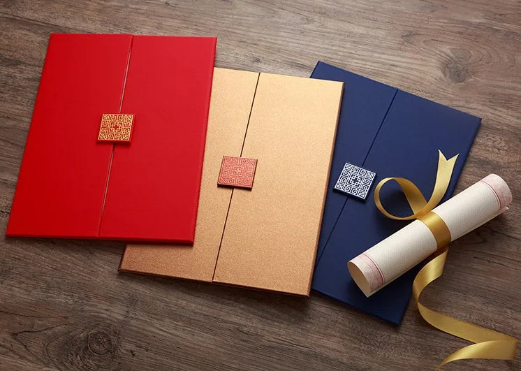 Blue Heavyweight Cardboard Certificate Holder A4 8K Custom Gold Trifold Diploma Cover With Square Button