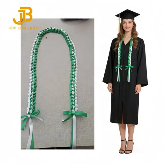 Wholesale Green & White Double Braided Polyester Graduation Ribbon Lei Necklace Burgundy Braid Satin Unisex Adult