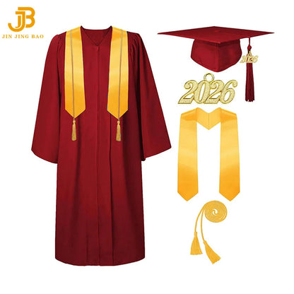 Wholesale Matte Black Graduation Robe 2026 Tassel Stole Honor Cord High School Bachelor Black Gown University Dress