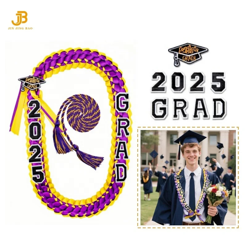 2025 Year Pop Charm 120CM Hawaiian Graduation Ribbon Braided Necklace Woven Graduation Leis Ribbon Honor Cord for High School