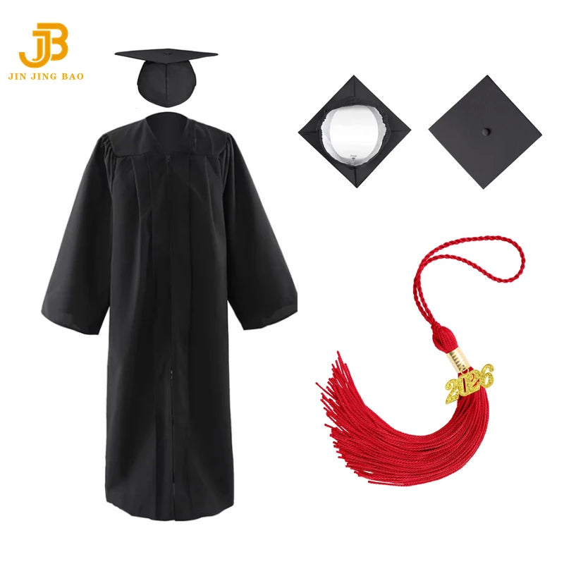Black 100% Polyester Graduation Gown and Caps with Red Tassels Graduation Gown with Red Stole