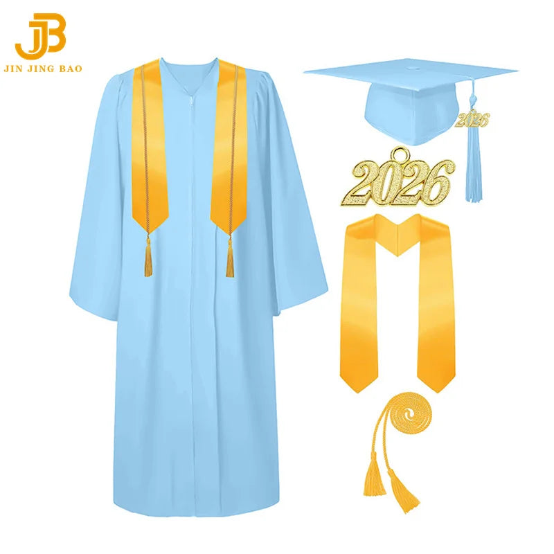 Wholesale Matte Black Graduation Robe 2026 Tassel Stole Honor Cord High School Bachelor Black Gown University Dress
