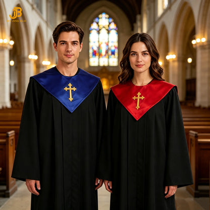Wholesale Unisex V Shape Solid-Colored School Choir Stole with Cross Embroidery 100% Polyester Adult Use