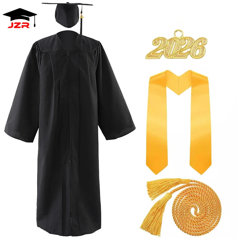 2026 Factory Custom Wholesale Bachelor Graduation Gowns Adult US Style Graduation Gown and Cap with Golden Stole & Honor Cord