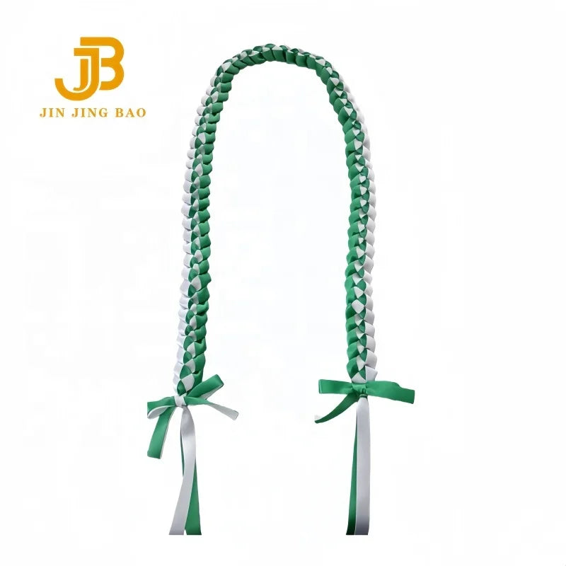 Wholesale Green & White Double Braided Polyester Graduation Ribbon Lei Necklace Burgundy Braid Satin Unisex Adult