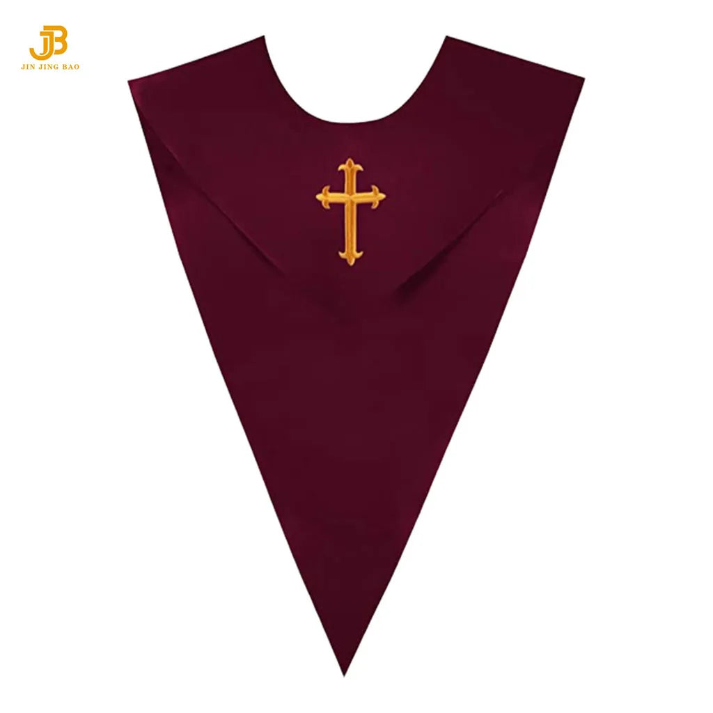 Customized Unisex V Shape Choir Stole Sash for Adults Church Rich Color Satin with Cross