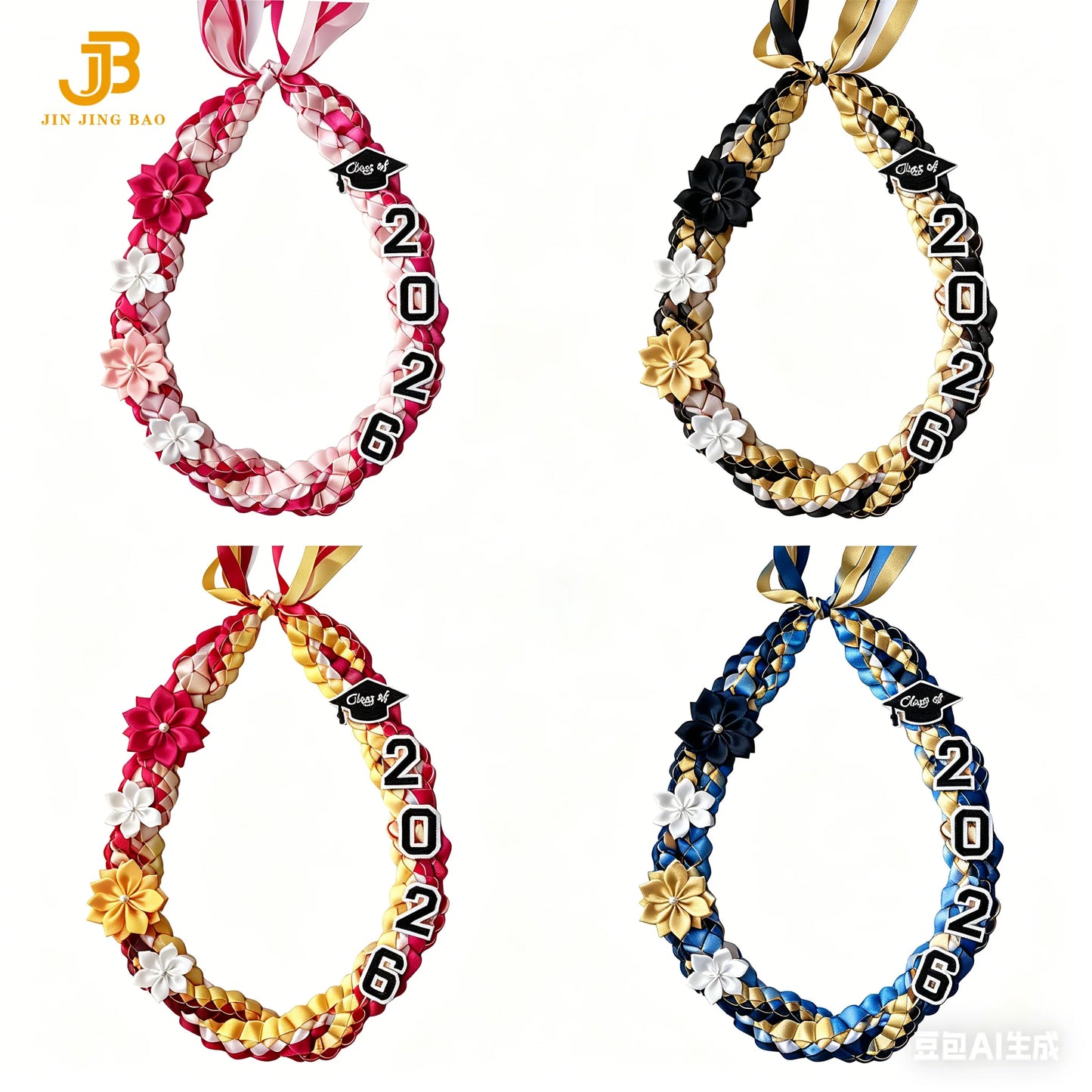 Handmade Grad Necklace Class of 2026 for Men Women Double Braided Graduation Ribbon Lei with 4 Satin Flower Necklace