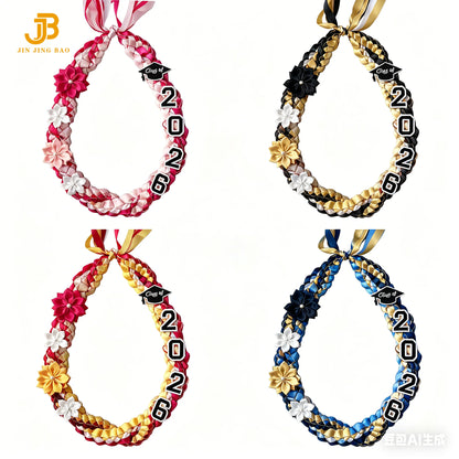 Handmade Grad Necklace Class of 2026 for Men Women Double Braided Graduation Ribbon Lei with 4 Satin Flower Necklace