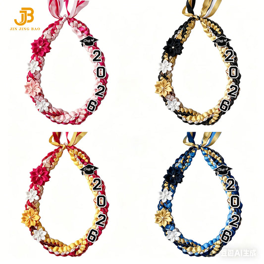 Handmade Grad Necklace Class of 2026 for Men Women Double Braided Graduation Ribbon Lei with 4 Satin Flower Necklace