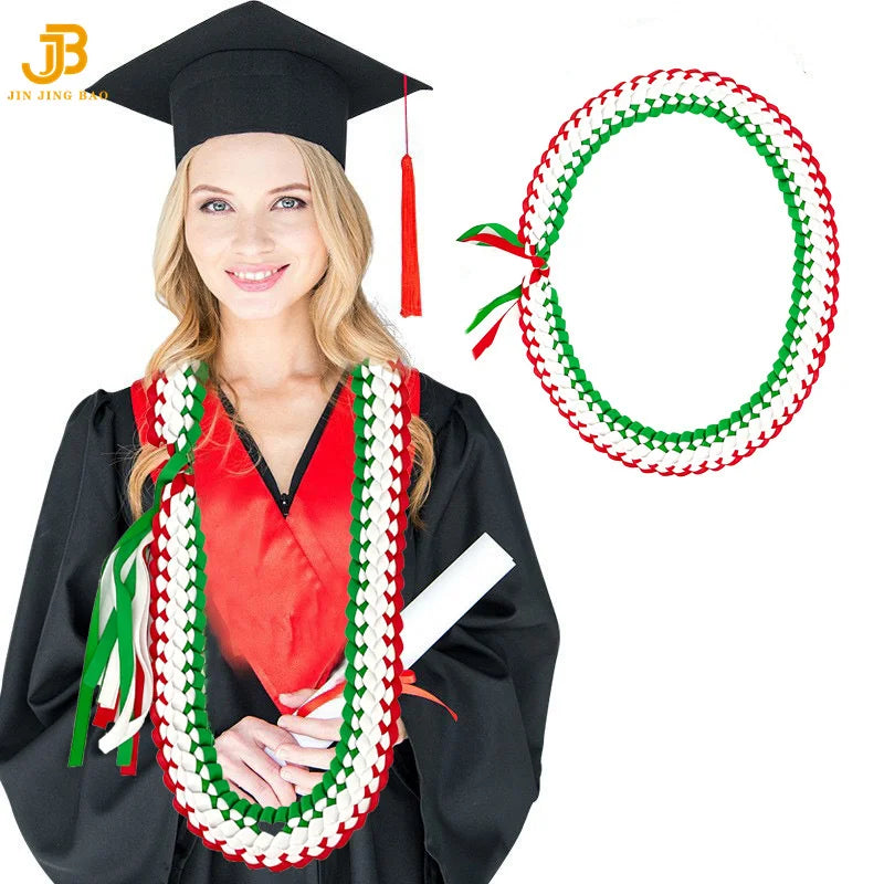 Wholesale Green & White Double Braided Polyester Graduation Ribbon Lei Necklace Burgundy Braid Satin Unisex Adult