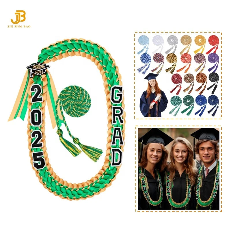 2025 Year Pop Charm 120CM Hawaiian Graduation Ribbon Braided Necklace Woven Graduation Leis Ribbon Honor Cord for High School