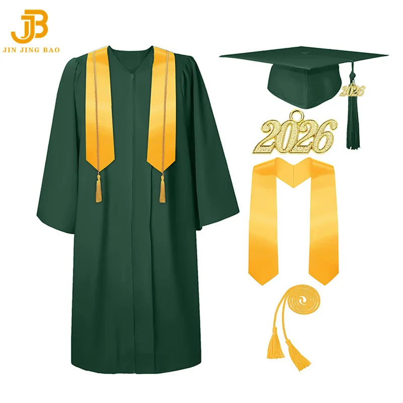 Wholesale Matte Black Graduation Robe 2026 Tassel Stole Honor Cord High School Bachelor Black Gown University Dress