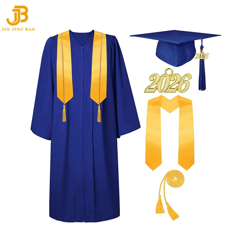 Wholesale Matte Black Graduation Robe 2026 Tassel Stole Honor Cord High School Bachelor Black Gown University Dress