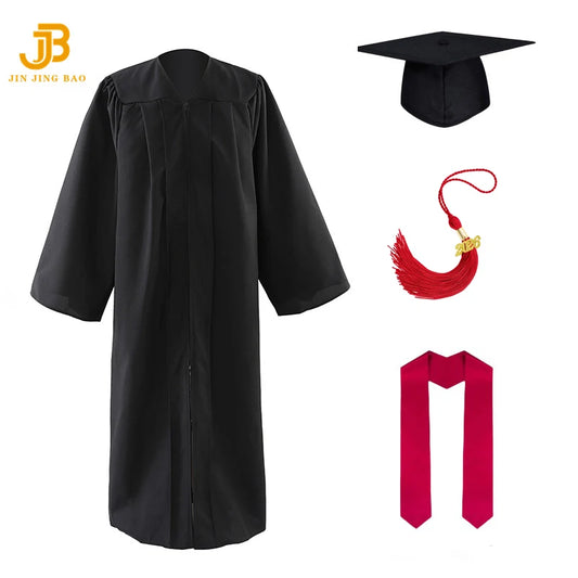 Black 100% Polyester Graduation Gown and Caps with Red Tassels Graduation Gown with Red Stole