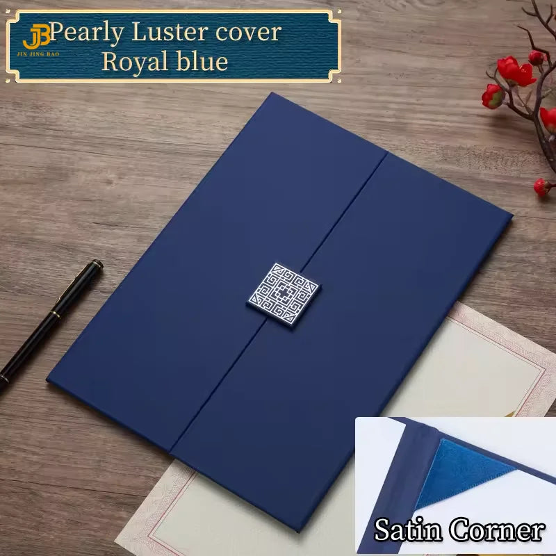 Blue Heavyweight Cardboard Certificate Holder A4 8K Custom Gold Trifold Diploma Cover With Square Button